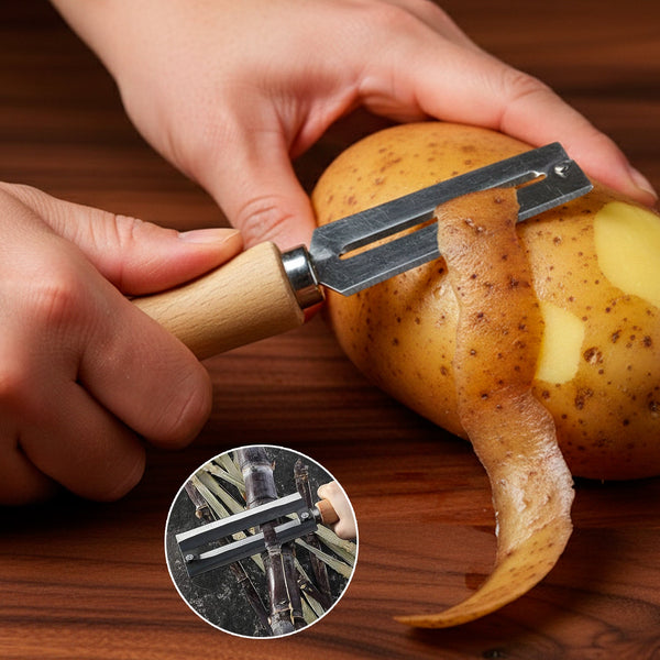 Genzy Store stainless steel vegetable peeler with ergonomic handle for peeling carrots, potatoes, and other vegetables in the kitchen.