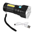 Genzy Store 4 LED rechargeable flashlight with long-distance beam, COB light, and four modes, ideal for hiking, camping, and emergencies.