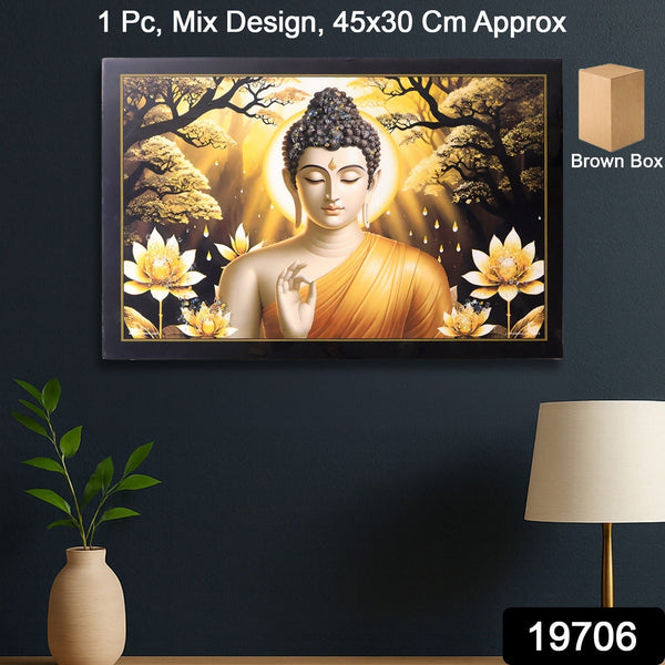 Decorative Lord Buddha Wall Painting with Wooden Frame Mix Design, 45x30 Cm Approx (1 Pc)