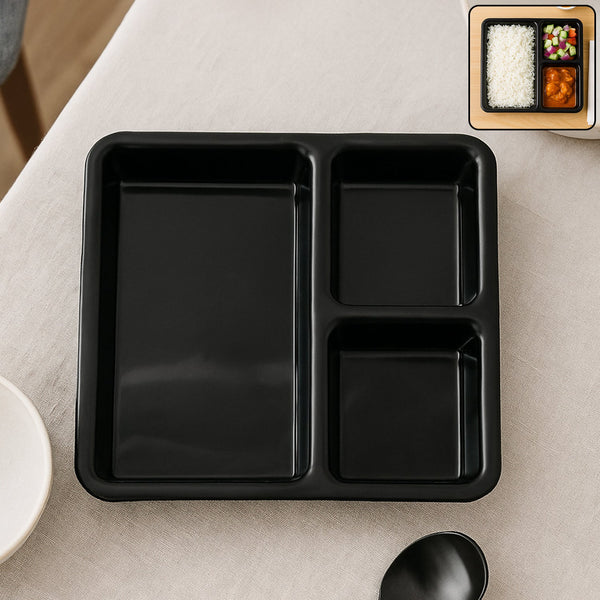 Plastic 3-Compartment Meal Serving Tray – Rectangular Dining Plate (1 Pc / Black)