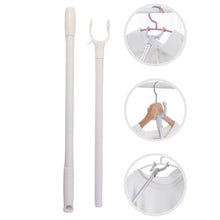 Stainless steel telescopic clothes hook rod pole, 86 cm, for home improvement, with multiple hooks for hanging garments and accessories.