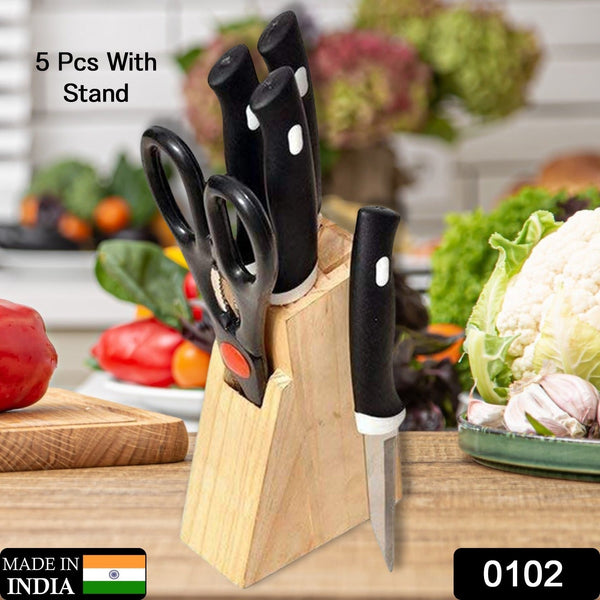 Kitchen Knife Set with Wooden Block and Scissors (5 pcs, Black)